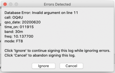Screen shot of the error